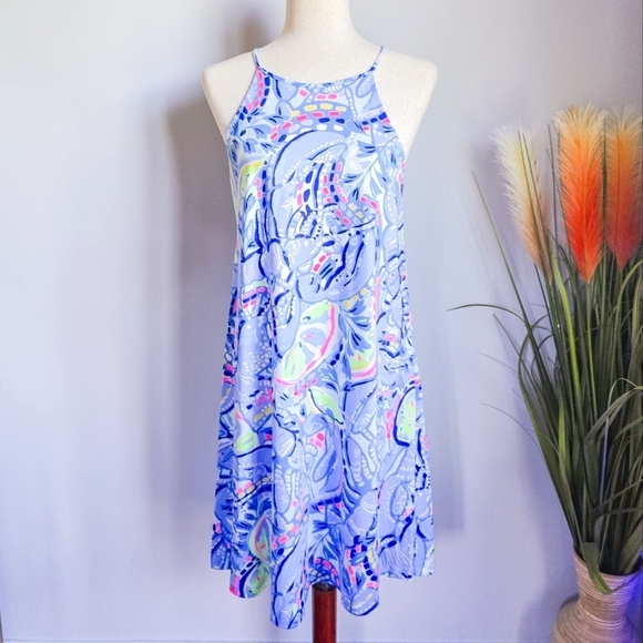 Lilly Pulitzer Margot Blue Pinch Pinch Tassel Swing Halter Sun Dress SZ Small - Picture 2 of 9